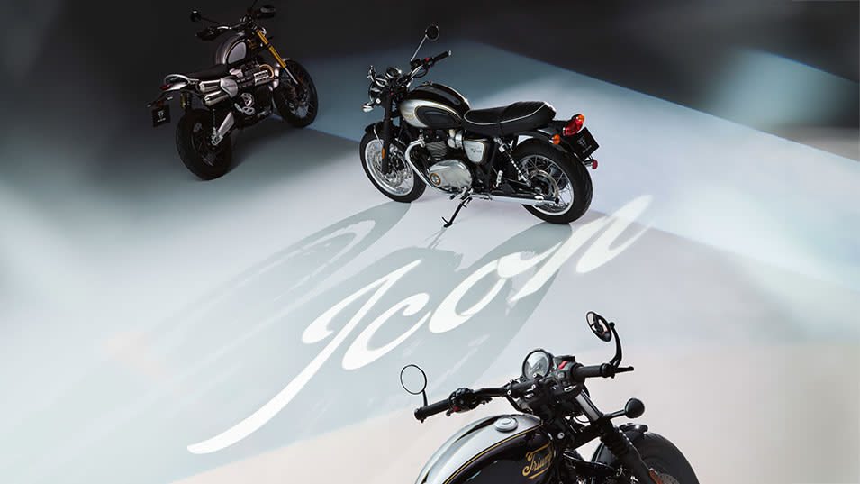 Triumph Icon Edition bikes parked around the Icon Logo