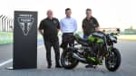 Greg Willis, Marketing Director, Triumph Motorcycles (r), Carlos Ezpeleta, Chief Sporting Officer, Dorna Sports (c) and Steve Sargent, Chief Product Officer Triumph Motorcycles